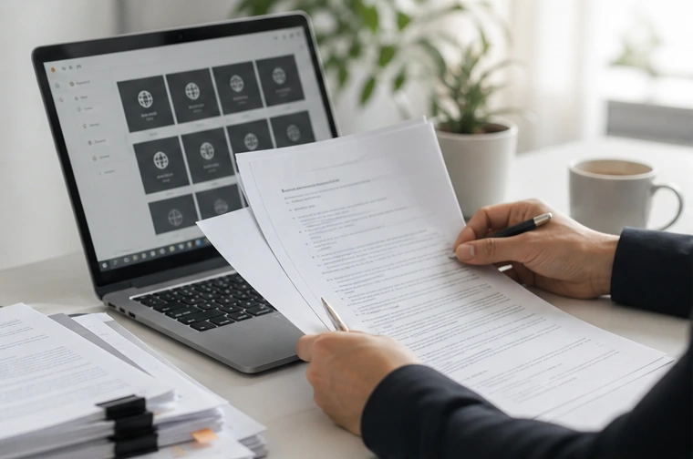 Working documents and digital assets on a light desk